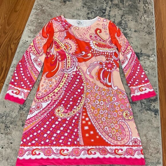 AMORE Round Collar Paisley Tunic Dress Long Sleeve Size M Red/Pink - Picture 1 of 3